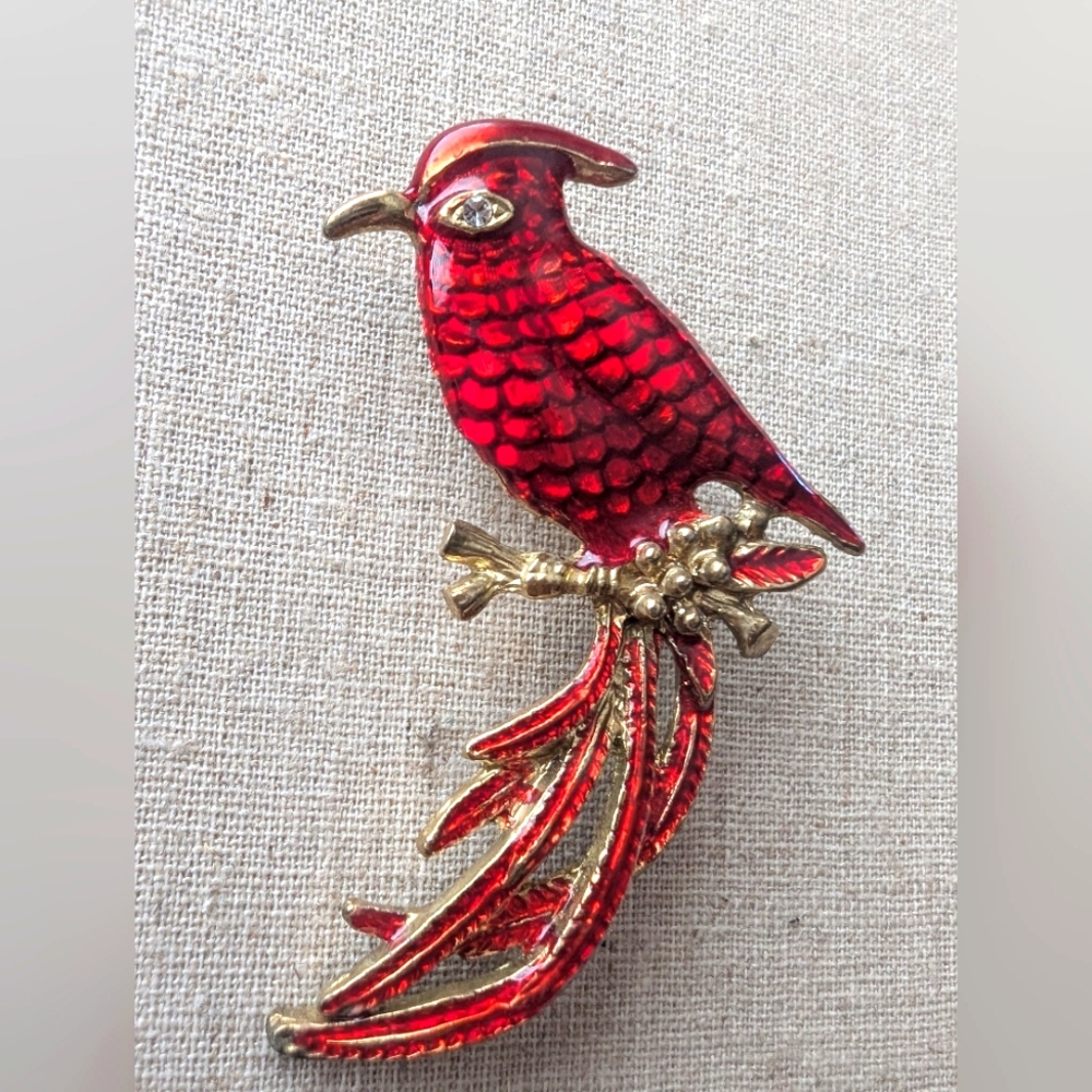 Red Cardinal Bird Brooch Enamel Rhinestone Christmas Memorial Jewelry